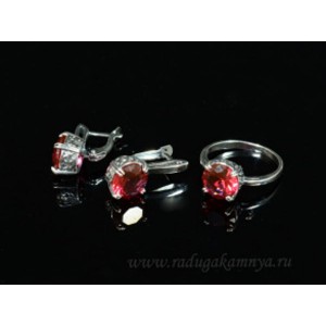 Кольцо и серьги с цирконом искусственным, цвет малиновый  (иск.)