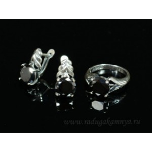 Кольцо и серьги с цирконом искусственным, цвет черный  (иск.)