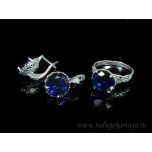 Кольцо и серьги с цирконом искусственным, цвет  синий  (иск.)