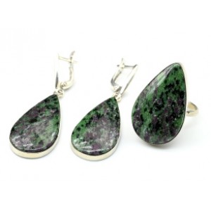 Кольцо и серьги с цоизитом (нат.) "Капля"