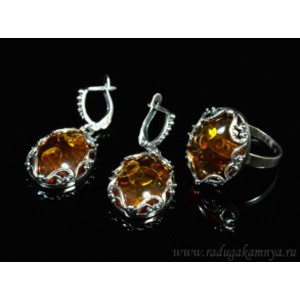 Набор с янтарём кольцо, серьги овал 17*23мм коньячный, 7,3гр. (иск.)