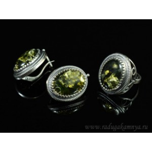 Набор с янтарём кольцо, серьги овал  21*25мм зеленый, 11,1гр. (иск.)