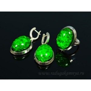 Комплект с янтарём "буранит" в посеребрении кольцо, серьги овал 21*28мм зеленый (иск.)