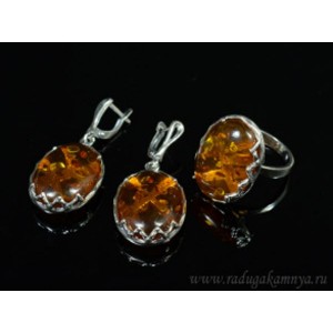Набор с янтарём кольцо, серьги овал 20*26мм коньячный, 9,2гр. (иск.)
