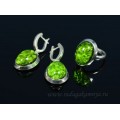 Комплект с янтарём "буранит" в посеребрении кольцо, серьги овал 17*21мм зеленый (иск.)