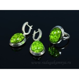 Комплект с янтарём "буранит" в посеребрении кольцо, серьги овал 17*21мм зеленый (иск.)