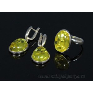 Комплект с янтарём в посеребрении кольцо, серьги овал 15*20мм лимонный (иск.)