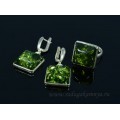 Комплект с янтарём в посеребрении кольцо, серьги квадратик 19мм зеленый (иск.)