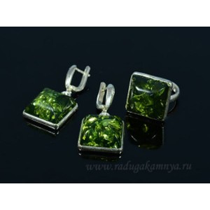 Комплект с янтарём в посеребрении кольцо, серьги квадратик 19мм зеленый (иск.)