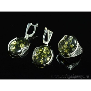 Набор с янтарём кольцо, серьги овал  21*25мм зеленый, 10,6гр. (иск.)