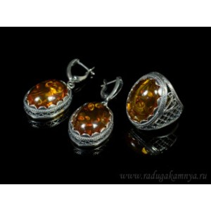 Набор с янтарём кольцо, серьги овал 18*23мм св.коньячный,  (иск.)