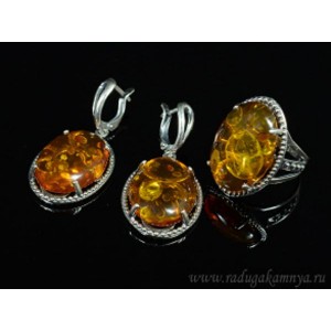 Набор с янтарём кольцо, серьги овал 21*32мм коньячный, 9,5гр. (иск.)