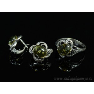 Набор с янтарём кольцо, серьги овал 14*15мм зеленый, 3,3гр. (иск.)