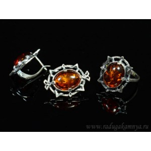 Набор с янтарём кольцо, серьги овал 18*25мм, коньячный,  5,5гр. (иск.)
