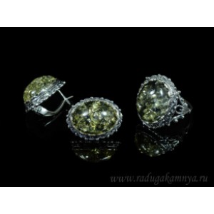 Набор с янтарём кольцо, серьги овал 18*23мм зеленый,  (иск.)