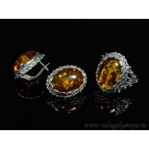 Набор с янтарём кольцо, серьги овал 18*23мм коньячный, 7,1гр. (иск.)