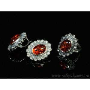 Набор с янтарём кольцо, серьги "ромашка" 20*25мм коньячный, 10,2гр. (иск.)