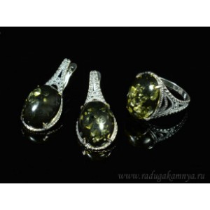 Набор с янтарём кольцо, серьги "эйфелева башня" 15*32мм зеленый, 5,2гр. (иск.)