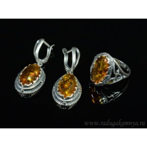 Набор с янтарём кольцо, серьги овал 15*24мм коньячный, 6,7гр. (иск.)