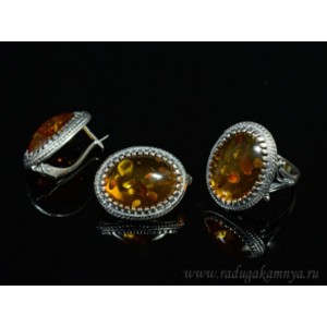Набор с янтарём кольцо, серьги овал 20*24мм коньячный, 9,4гр. (иск.)