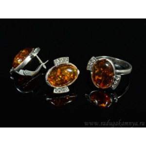 Набор с янтарём кольцо, серьги овал 16*12мм коньячный, 3,6гр. (иск.)
