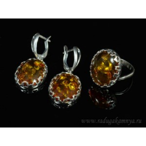Набор с янтарём кольцо, серьги овал 17*22мм коньячный, 7,2гр. (иск.)