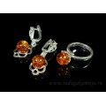 Комплект с янтарём в посеребрении кольцо, серьги шарик 9мм коньячный. (иск.)