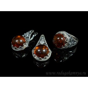 Набор с янтарём кольцо, серьги 20*31мм коньячный,  (иск.)
