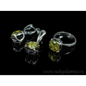 Набор с янтарём кольцо, серьги круг 12мм зеленый (иск.)