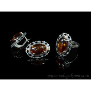 Набор с янтарём кольцо, серьги овал 15*22мм коньячный (иск.)