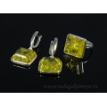 Комплект с янтарём в посеребрении кольцо, серьги квадратик 19мм лимонный (иск.)