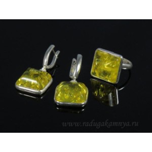 Комплект с янтарём в посеребрении кольцо, серьги квадратик 19мм лимонный (иск.)