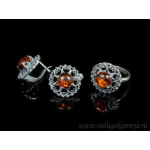 Набор с янтарём кольцо, серьги "круг в ажуре" 16мм коньячный,  (иск.)