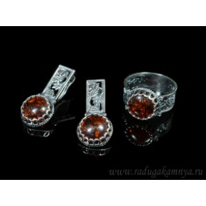 Набор с янтарём кольцо, серьги "виноградная лоза" 14*30мм коньячный,  (иск.)