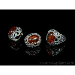 Набор с янтарём кольцо, серьги овал 17*20мм коньячный (иск.)