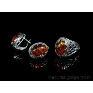 Набор с янтарём кольцо, серьги овал 13*17мм коньячный,  (иск.)