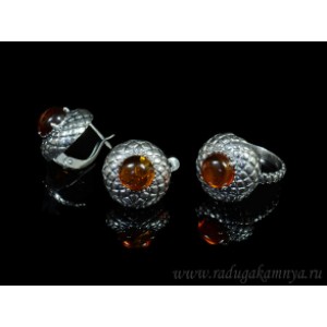 Набор с янтарём кольцо, серьги п.круг 16мм коньячный (иск.)