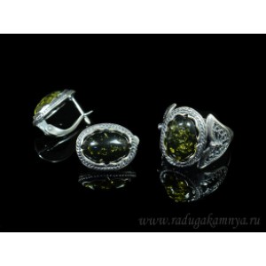 Набор с янтарём кольцо, серьги овал 14*18мм зеленый (иск.)