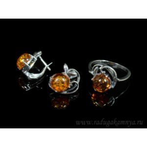 Набор с янтарём кольцо, серьги "яблочко" 14*15мм коньячный,  (иск.)