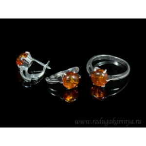 Набор с янтарём кольцо, серьги "солнышко" 9*11мм коньячный (иск.)