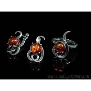 Набор с янтарём кольцо, серьги п.круг 12*21мм коньячный (иск.)