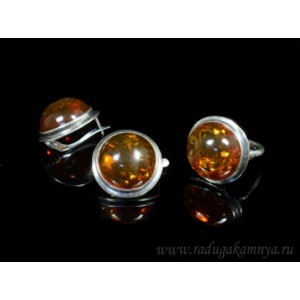 Набор с янтарём кольцо, серьги круг 25мм св.коньячный, 8,5гр. (иск.)