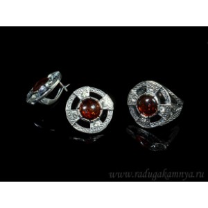 Набор с янтарём кольцо, серьги "штурвал" 20мм коньячный (иск.)