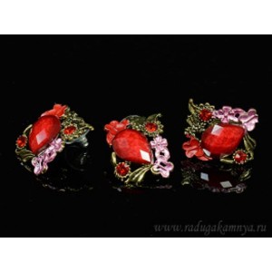 Кольцо и серьги с муранским стеклом цвет  красный (иск.)