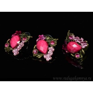 Кольцо и серьги с муранским стеклом цвет  розовый (иск.)