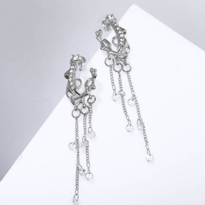 Серьги висячие со стразами "Жар-птица" с каплями на цепочке, цвет белый, цвет серебристый