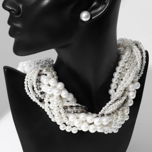 Комплект: серьги, бусы "Жемчужный со стразами", цвет белый