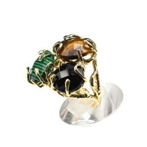 Кольцо с тигровым глазом, малахитом, агатом черным (имитиция) из ювелирного сплава