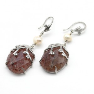 Серьги "Вечерние" с кварцем клубничным, серебристые Серьги "Вечерние" с кварцем клубничным, серебристые