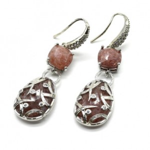 Серьги с камнем клубничный кварц, серебристые Серьги с камнем клубничный кварц, серебристые